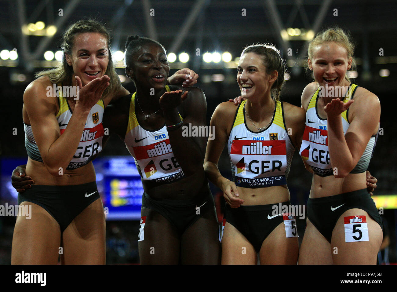 London, UK. 15th July 2018. Germany's 4x100m relay team pose for the cameras after the race. Athletics World Cup 2018 , day 2 at the London Stadium in Queen Elizabeth Olympic Park, Stratford on Sunday 15th July 2018. the inaugural event features eight nations; USA, GB & NI, Poland, China, Germany, France, Jamaica and South Africa.  this image may only be used for Editorial purposes. Editorial use only,  pic by Steffan Bowen/Andrew Orchard sports photography/Alamy Live news Stock Photo