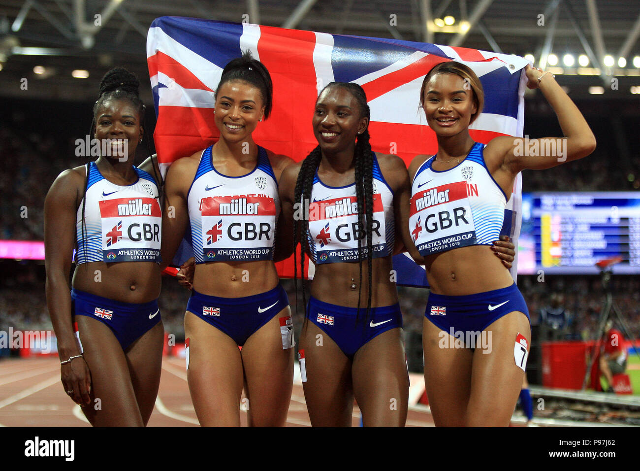 London, UK. 15th July 2018. Great Britain's women's relay team celebrate victory in the women's 4x100m relay. Athletics World Cup 2018 , day 2 at the London Stadium in Queen Elizabeth Olympic Park, Stratford on Sunday 15th July 2018. the inaugural event features eight nations; USA, GB & NI, Poland, China, Germany, France, Jamaica and South Africa.  this image may only be used for Editorial purposes. Editorial use only,  pic by Steffan Bowen/Andrew Orchard sports photography/Alamy Live news Stock Photo