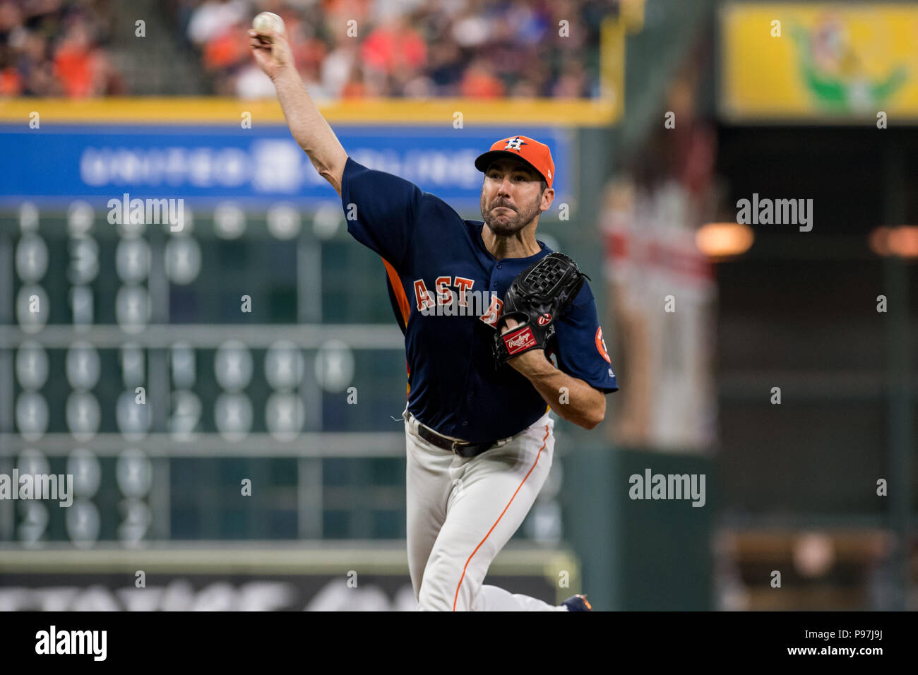 Houston, TX, USA. 15th July, 2018. Houston Astros starting pitcher Justin Verlander (35) pitches during a Major League Baseball game between the Houston Astros and the Detroit Tigers at Minute Maid Park in Houston, TX. The Tigers won the game 6 to 3.Trask Smith/CSM/Alamy Live News Stock Photo