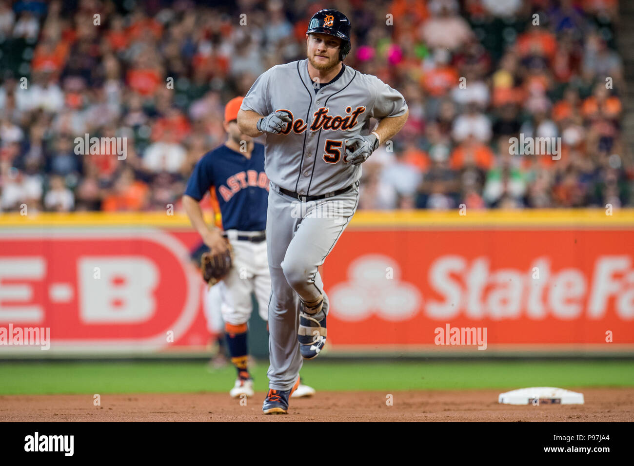 Houston, TX, USA. 15th July, 2018. Detroit Tigers catcher John Hicks (55) rounds the bases after hitting a two-run home run during a Major League Baseball game between the Houston Astros and the Detroit Tigers at Minute Maid Park in Houston, TX. The Tigers won the game 6 to 3.Trask Smith/CSM/Alamy Live News Stock Photo