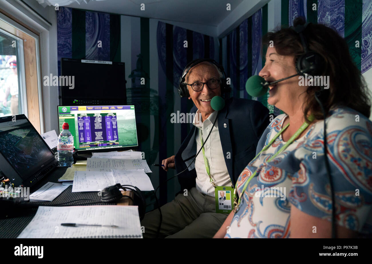 Barry Davies in the commentary box during his last ever BBC Wimbledon commentary on the mixed doubles final on day thirteen of the Wimbledon Championships at the All England Lawn Tennis and
