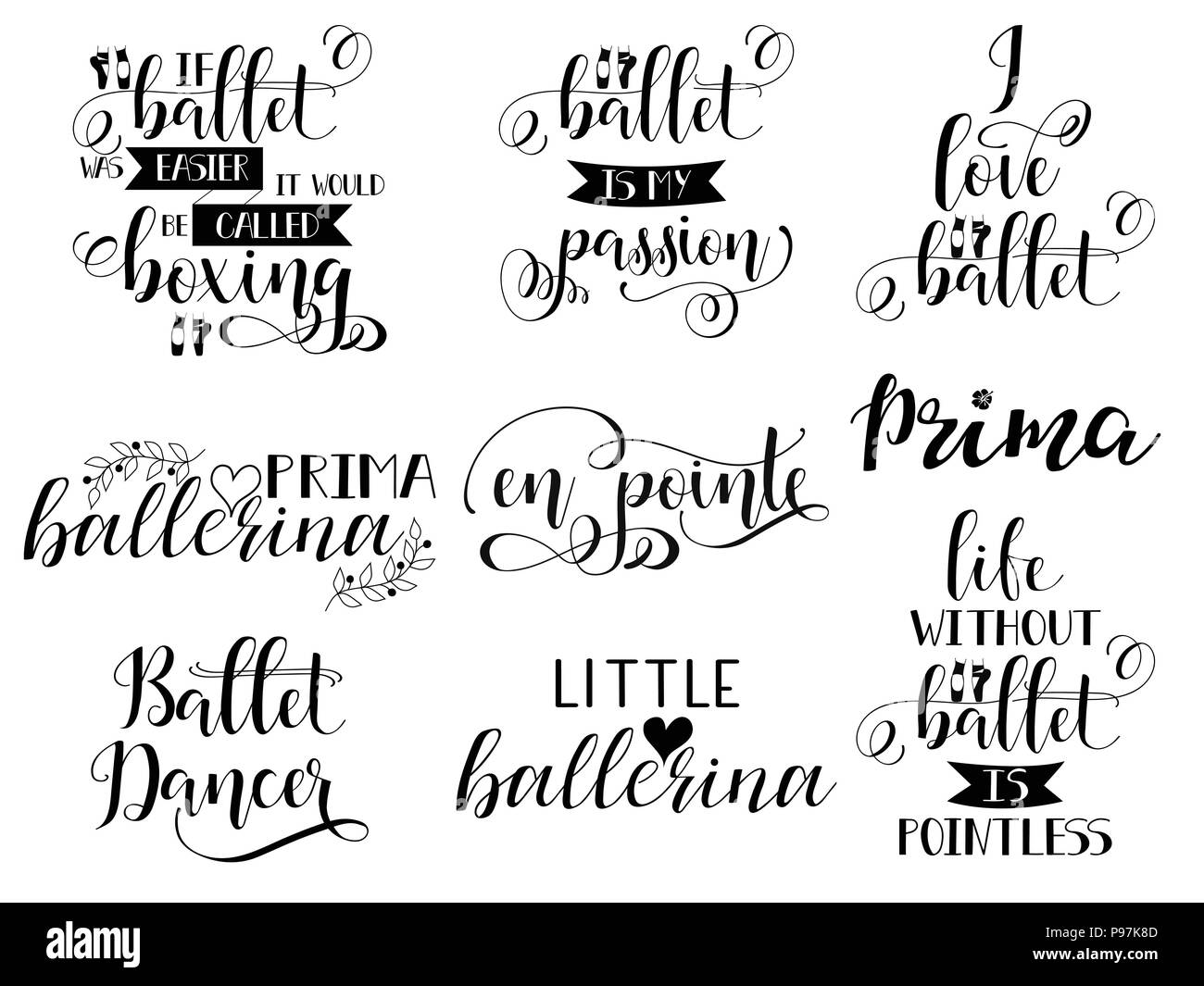 set of 9 ballet hand lettering. Modern calligraphy. Great for dance studio decor, merch, apparel design. vector illustration. Stock Vector