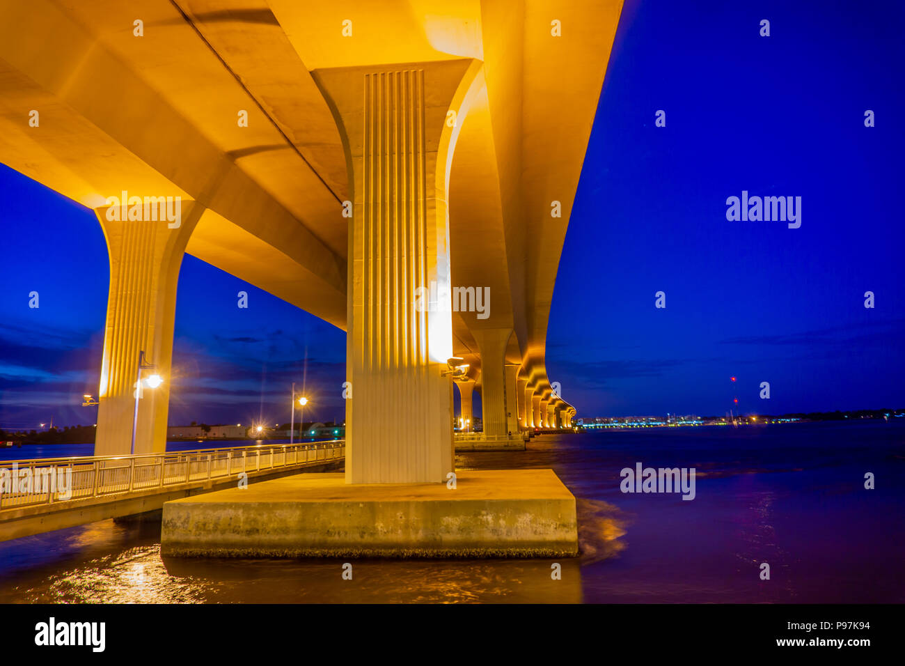 The Segmental Precast Concrete Roosevelt Bridge as seen from the Riverwalk in Downtown Stuart, Martin County, Florida, USA Stock Photo