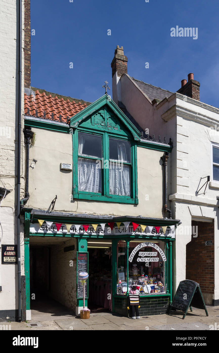 Sweet Memories, a traditional sweet shop, in the centre of the market town of Thirsk, North Yorkshire, UK Stock Photo