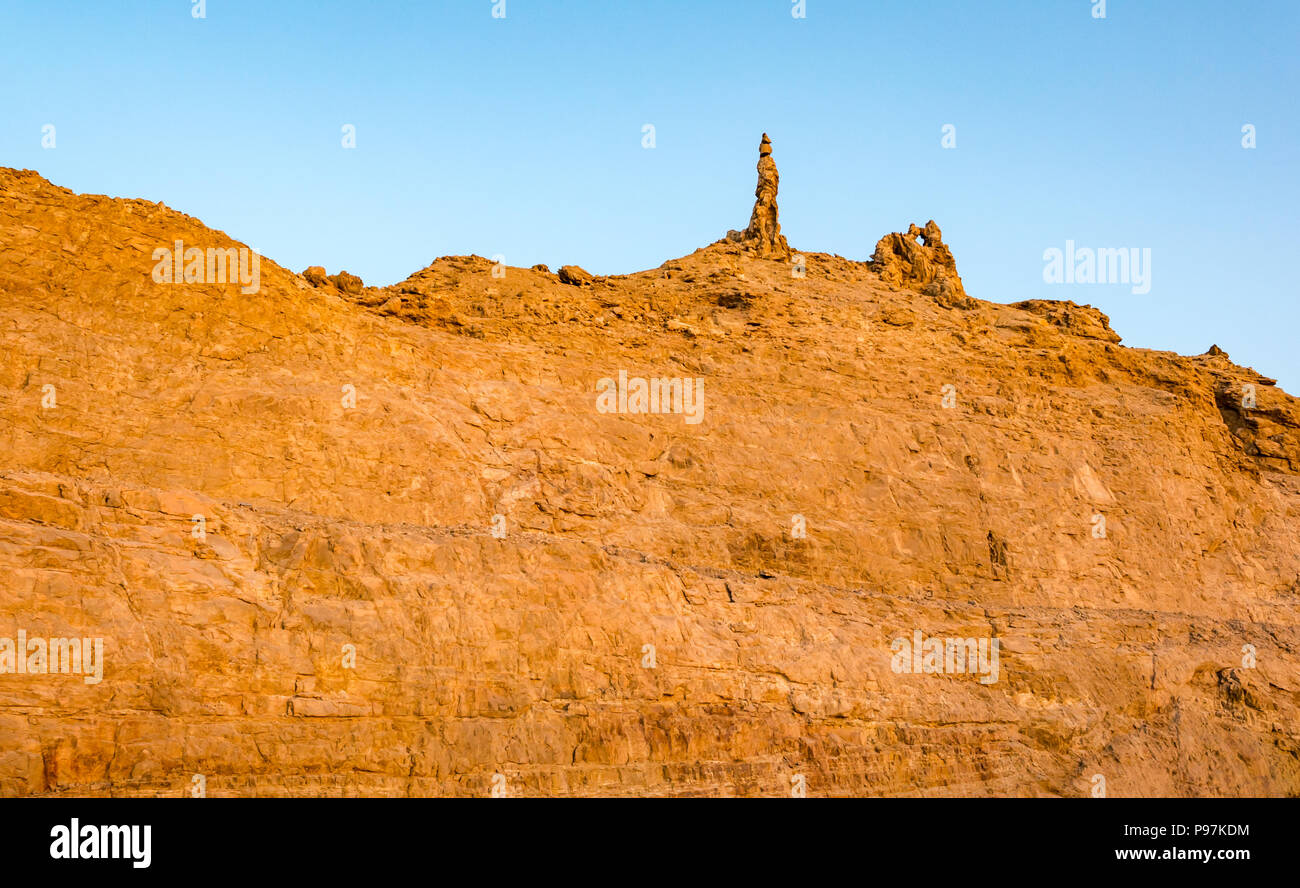 Lot's wife Pillar of Salt rock formation biblical representation, Dead Sea, Jordan, Middle East Stock Photo
