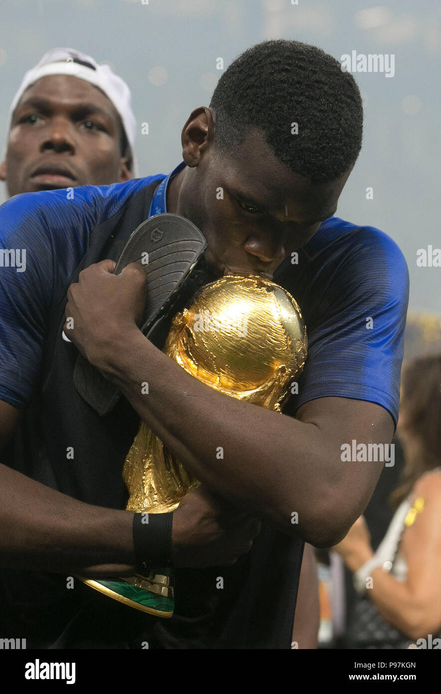 France's Paul Pogba celebrates with the trophy after winning the FIFA World Cup Final at the Luzhniki Stadium, Moscow. Stock Photo