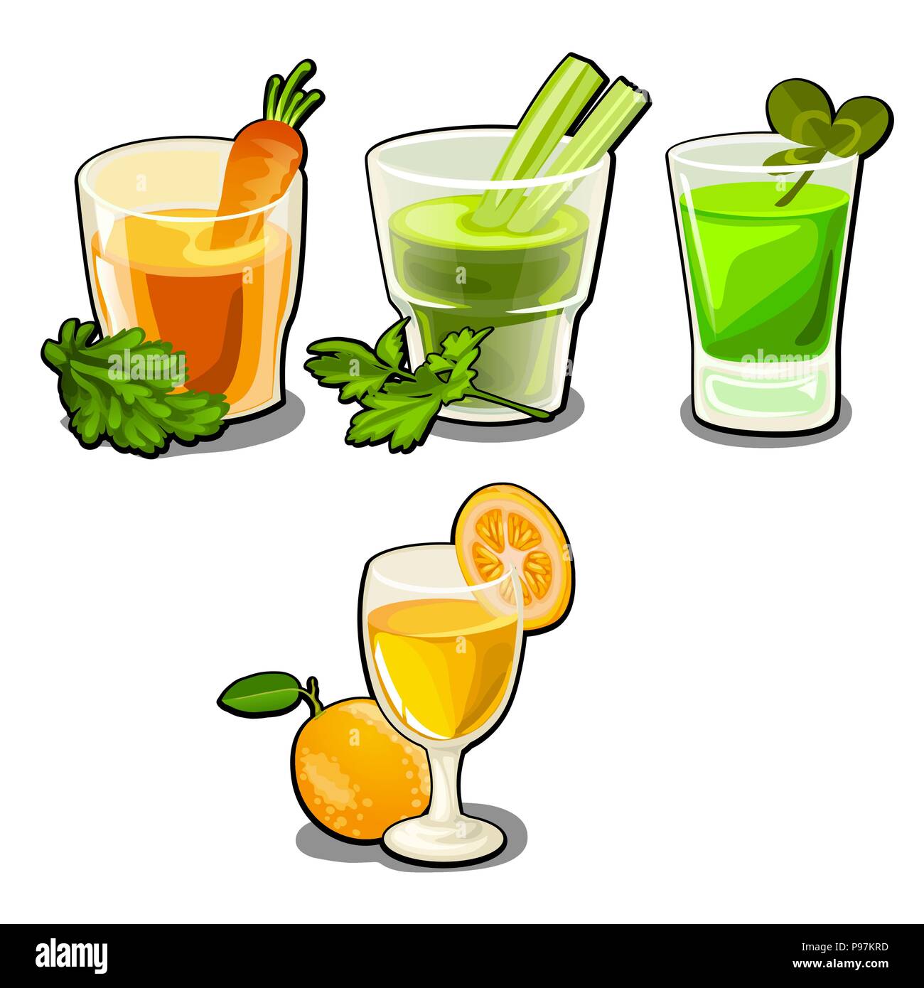 Set of glasses with fresh vegetable and fruit juices isolated on white ...