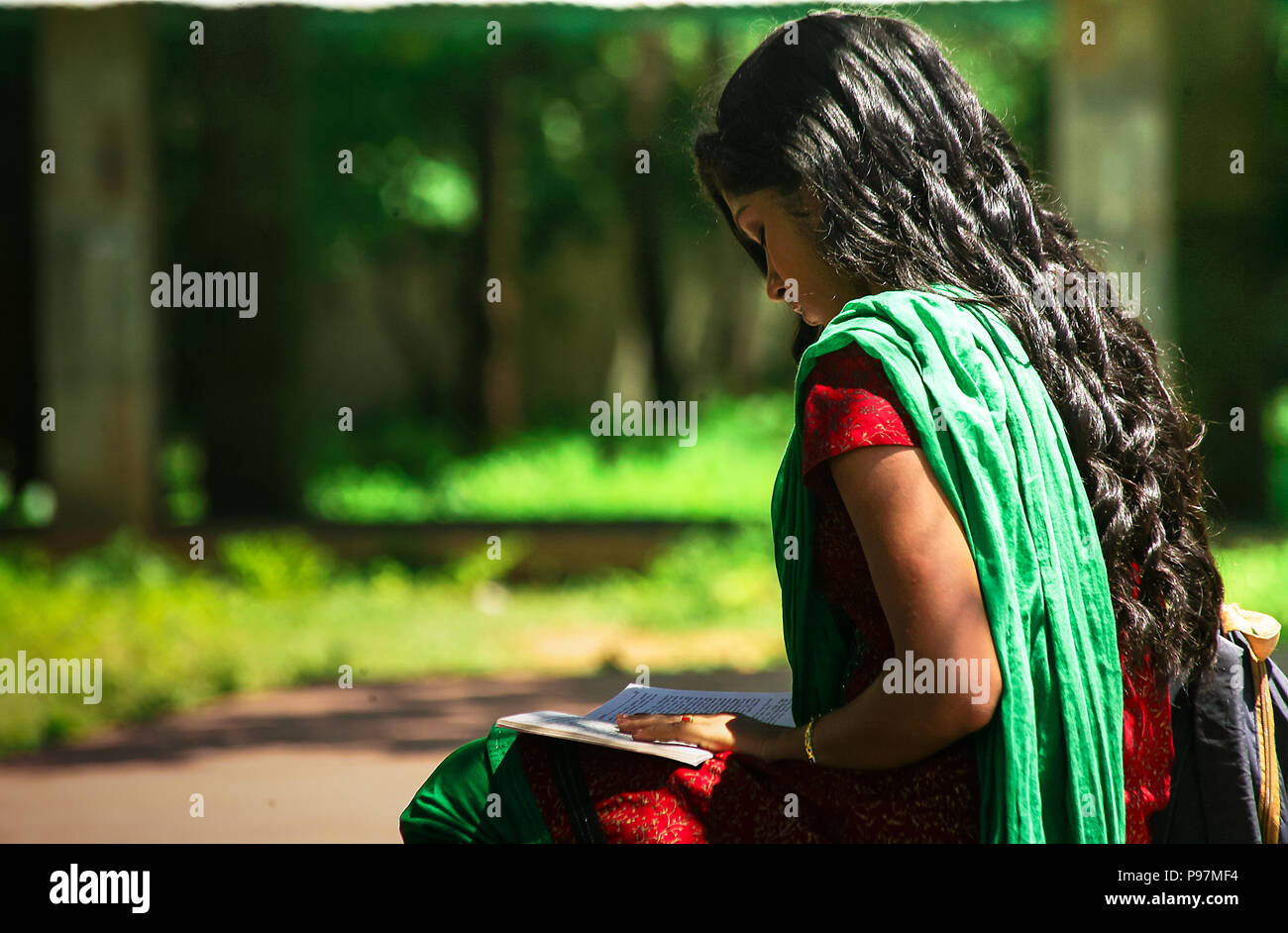 A shot of a college student reading a book, nature background Stock ...