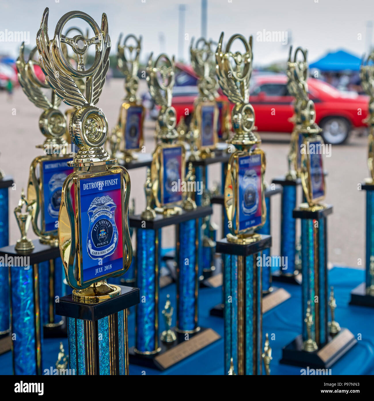 Detroit, Michigan - Trophies to be awarded at an antique and custom car show, sponsored by the Detroit Police Department. Stock Photo