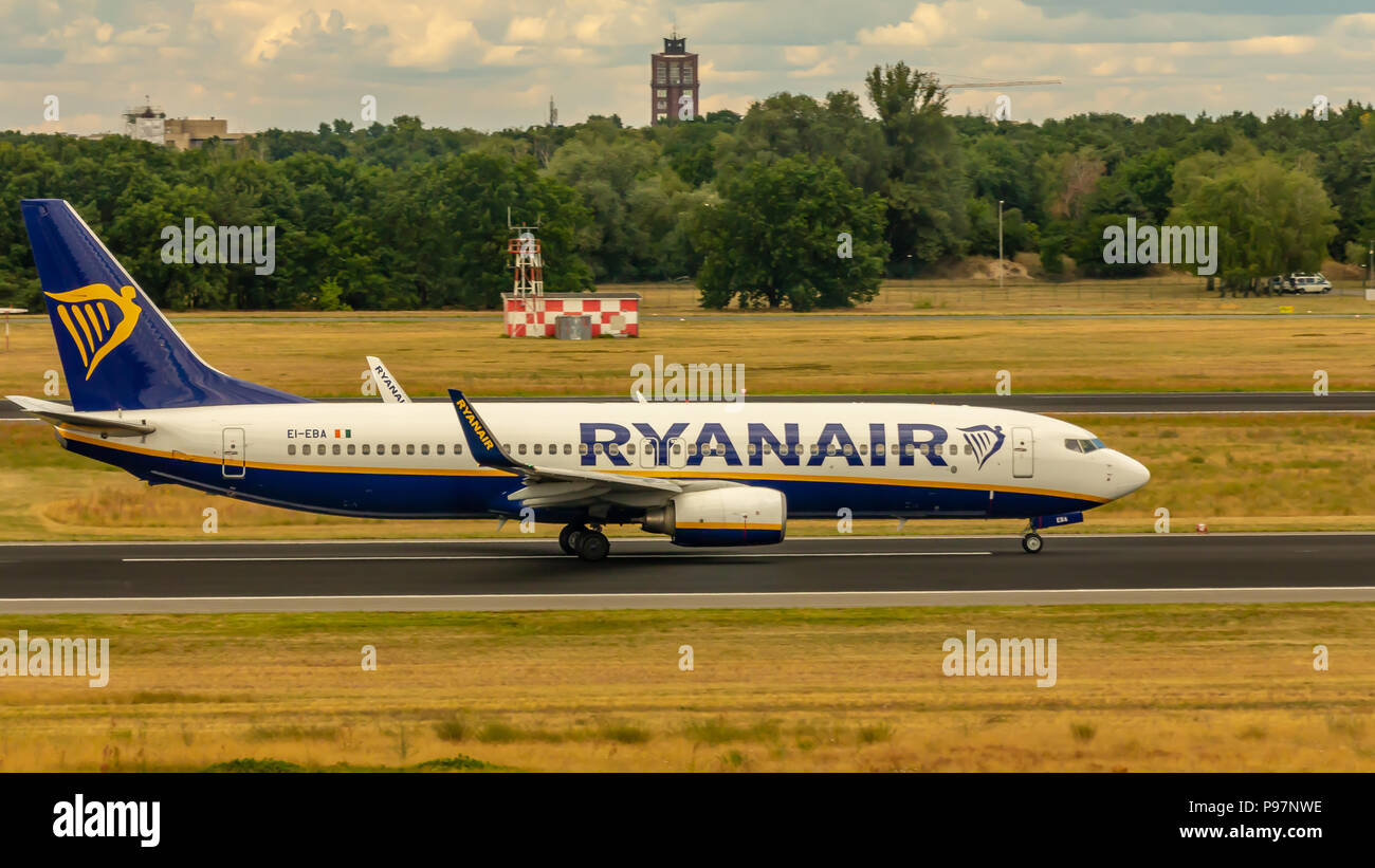 Berlin, Germany, 01.07.2018: Ryanair Boeing 737 aircraft taxiing at Tegel Airport Stock Photo