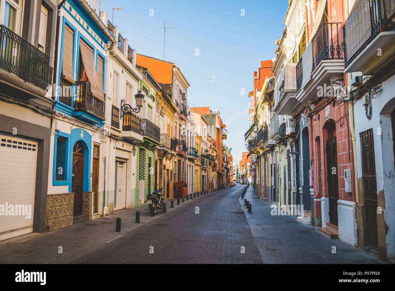 Valencia, Spain - 05.18.2018: Narrow streets of El Cabanyal