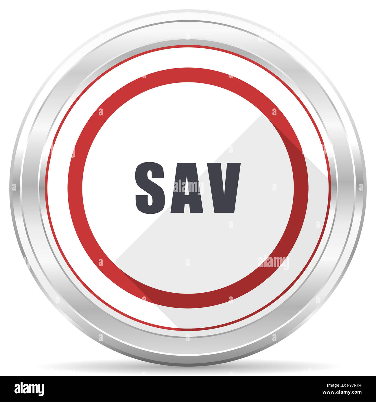 Sav silver metallic chrome border round web icon on white background Stock Photo
