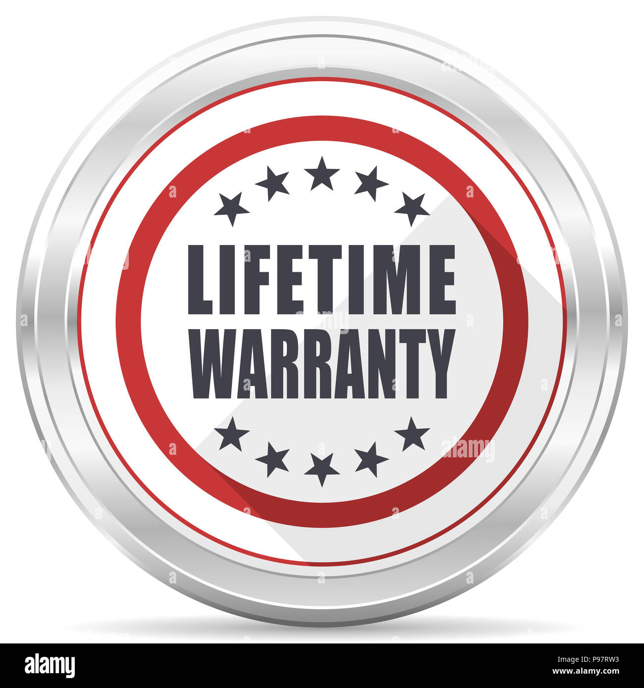 Lifetime warranty silver metallic chrome border round web icon on white