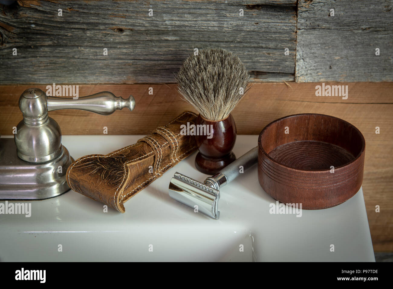 Vintage double-edged razor shaving kit Stock Photo