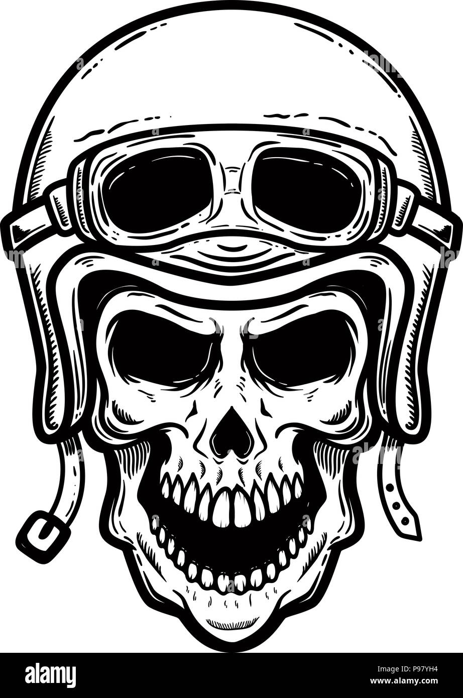 Biker skull in helmet isolated on white background. Design element for