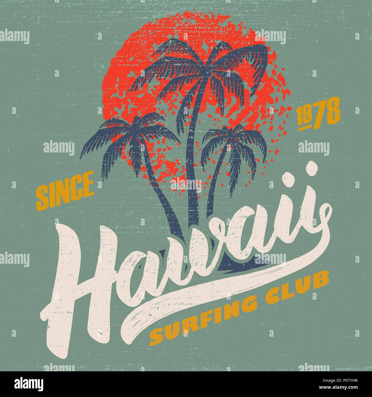 Hawaii surfing club. Poster template with lettering and palms. Vector image Stock Vector