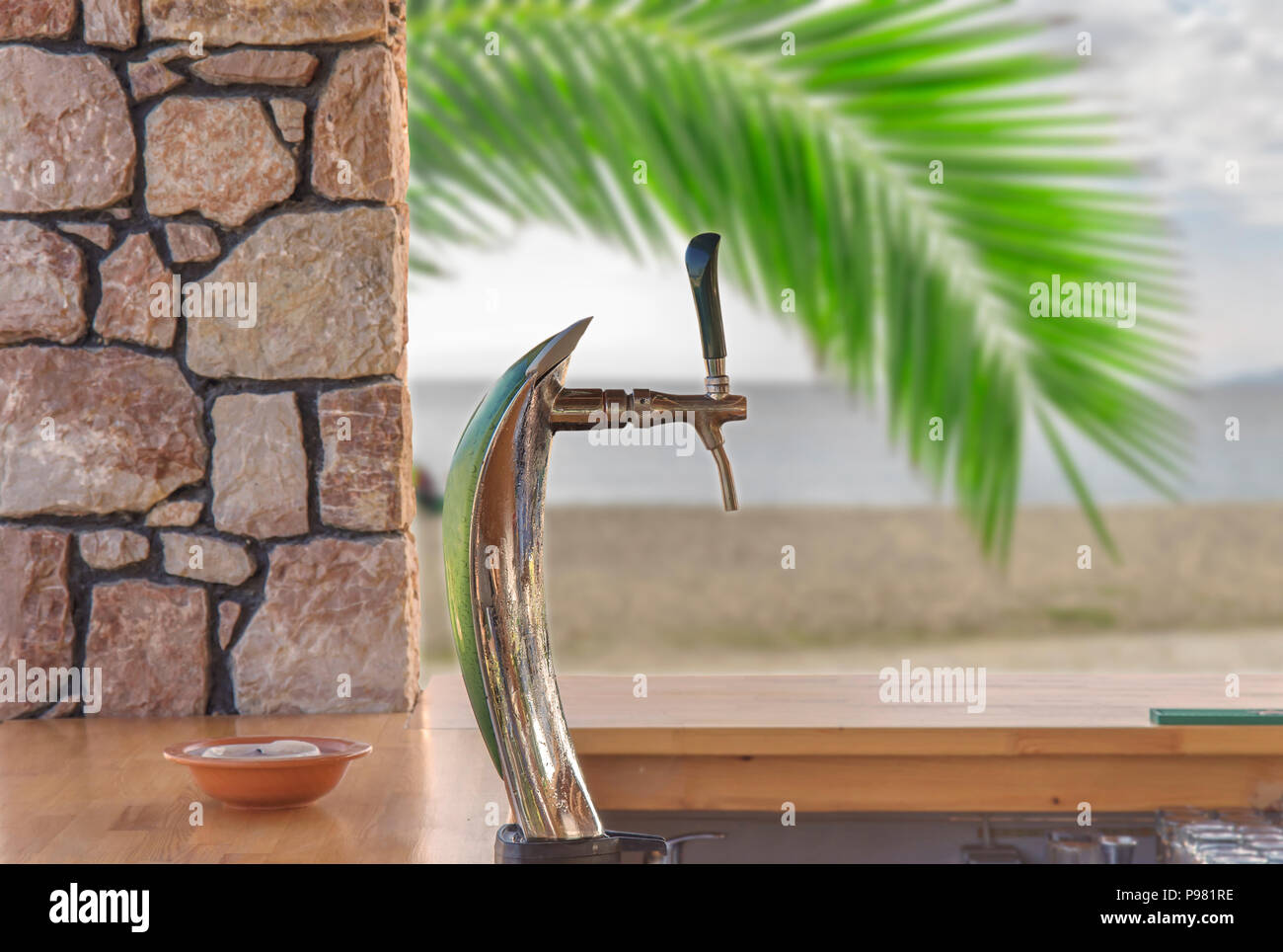 Automatic beer barrel on beach bar for beat refreshment liquid cold
