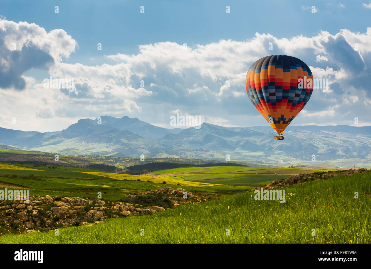 Colorful hot air balloon flying over green field Stock Photo - Alamy