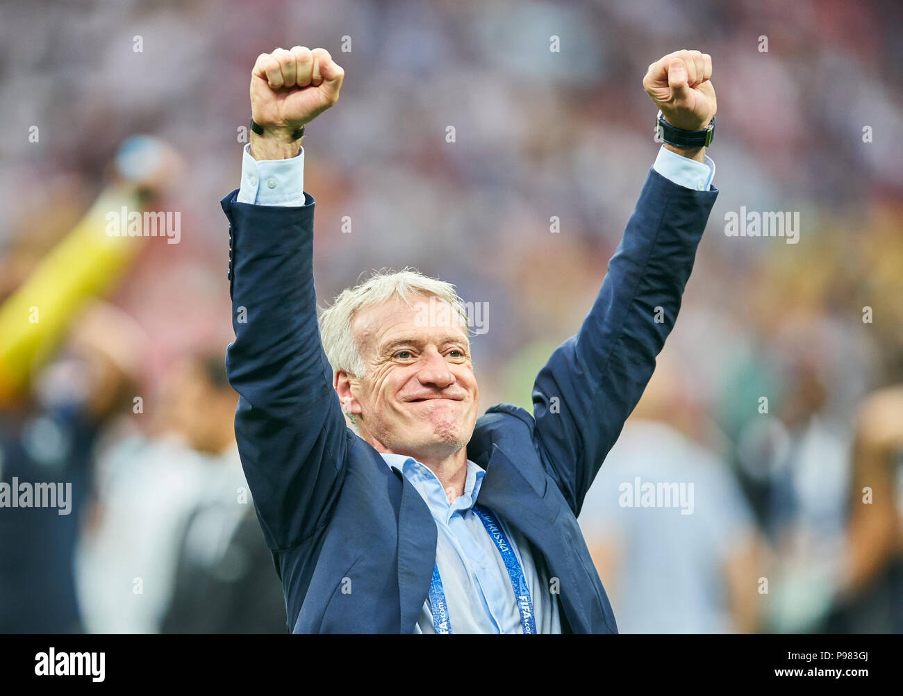 Moscow, Russia. 15th July 2018. France - Croatia, Soccer, Moscow, July 15, 2018 Didier DESCHAMPS, FRA headcoach,  Cheering, joy, emotions, celebrating, laughing, cheering, rejoice, tearing up the arms, clenching the fist,  FRANCE  - CROATIA 4-2 Football FIFA WORLD CUP 2018 RUSSIA, Final, Season 2018/2019,  July 15, 2018 in Luzhniki Stadium Moscow, Russia. © Peter Schatz / Alamy Live News Stock Photo