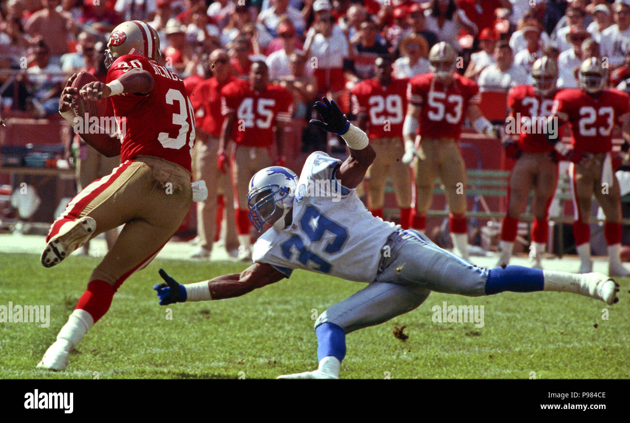 San Francisco, California, USA. 20th Oct, 1991. San Francisco 49ers vs.  Detroit Lions at Candlestick Park Sunday, October 20, 1991. 49ers beat  Lions 35-3. Lion defensive end Marc Spindler (92) chases 49er