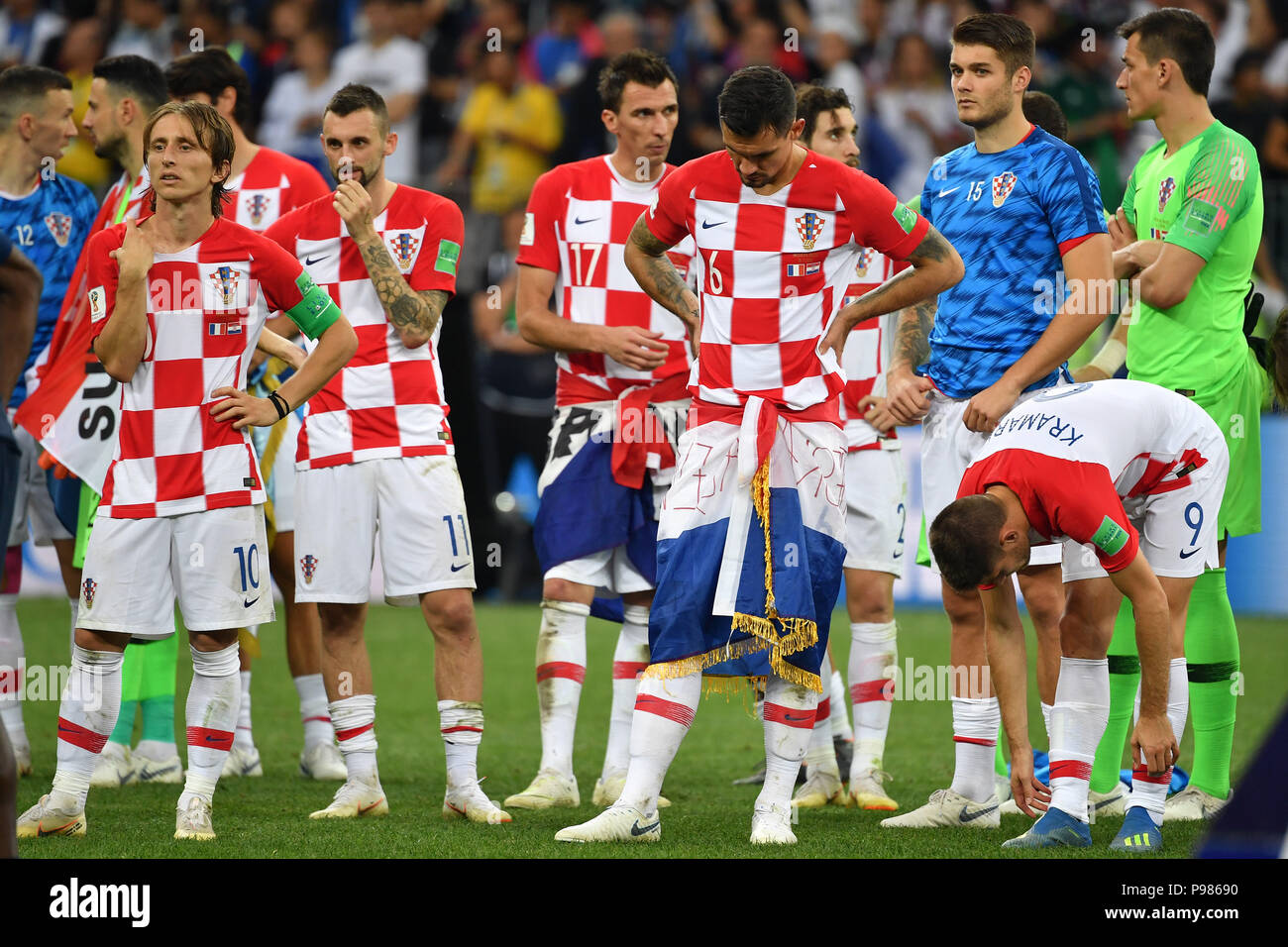 LUKA MODRIC (CRO), Marcelo BROZOVIC (CRO), Mario MANDZUKIC (CRO), Dejan LOVREN (CRO), Andrej KRAMARIC (CRO), disappointment, frustrated, disappointed, frustrated, dejected, action. France (FRA) - Croatia (CRO) 4-2, Final, Game 64, on 15.07.2018 in Moscow; Luzhniki Stadium. Football World Cup 2018 in Russia from 14.06. - 15.07.2018. | usage worldwide Stock Photo