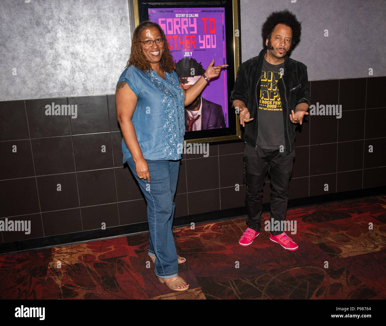 Philadelphia Pennsylvania Usa 15th July 18 Raymond Lawerence Riley Better Know As Boots Riley Standing In Front Of The Poster Of His New Movie Sorry To Bother You With His Sister Philadelphia