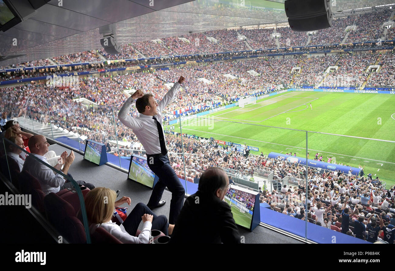 French President Emmanuel Macron celebrates a French goal during the