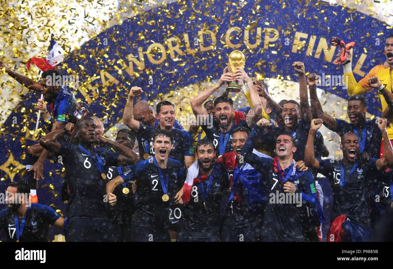 The French team celebrates their victory over Croatia in the 2018 FIFA World Cup Final at Luzhniki stadium July 15, 2018 in Moscow, Russia. France became the World Cup football champions defeating Croatia 4-2. Stock Photo