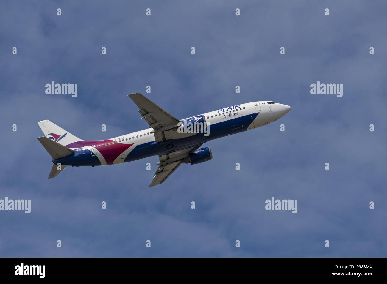 Vancouver, British Columbia, Canada. 7th July, 2018. A Flair Airlines Boeing 737-400 (C-FLHE) single-aisle narrow-body jet airliner airborne after take-off. Credit: Bayne Stanley/ZUMA Wire/Alamy Live News Stock Photo