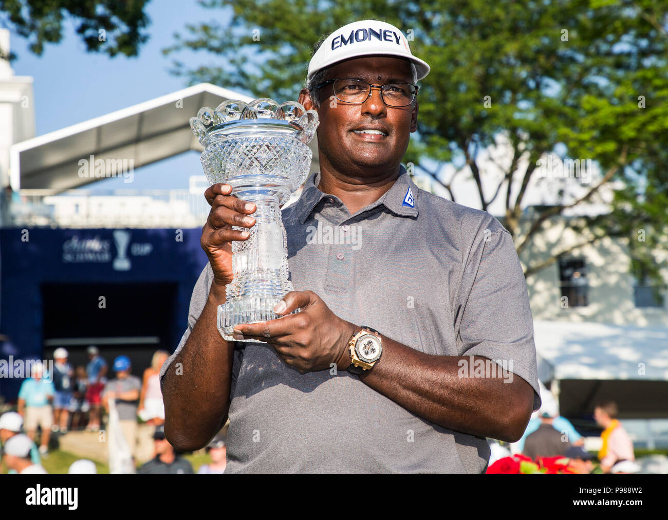 Chicago, USA. 15th July, 2018. Vijay Singh of the Fiji Islands shows his trophy after the final round of the Constellation Seniors Players Championships at Exmoor Country Club on the PGA Champions Tour in Highland Park, Chicago, the United States, on July 15, 2018. Credit: Joel Lerner/Xinhua/Alamy Live News Stock Photo