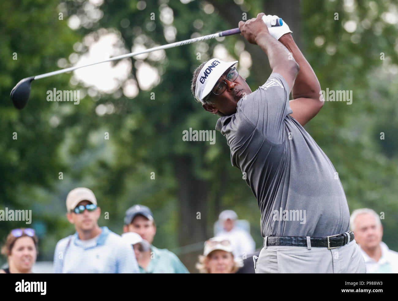 Chicago, USA. 15th July, 2018. Vijay Singh of the Fiji Islands hits a drive during the final round of the Constellation Seniors Players Championships at Exmoor Country Club on the PGA Champions Tour in Highland Park, Chicago, the United States, on July 15, 2018. Credit: Joel Lerner/Xinhua/Alamy Live News Stock Photo