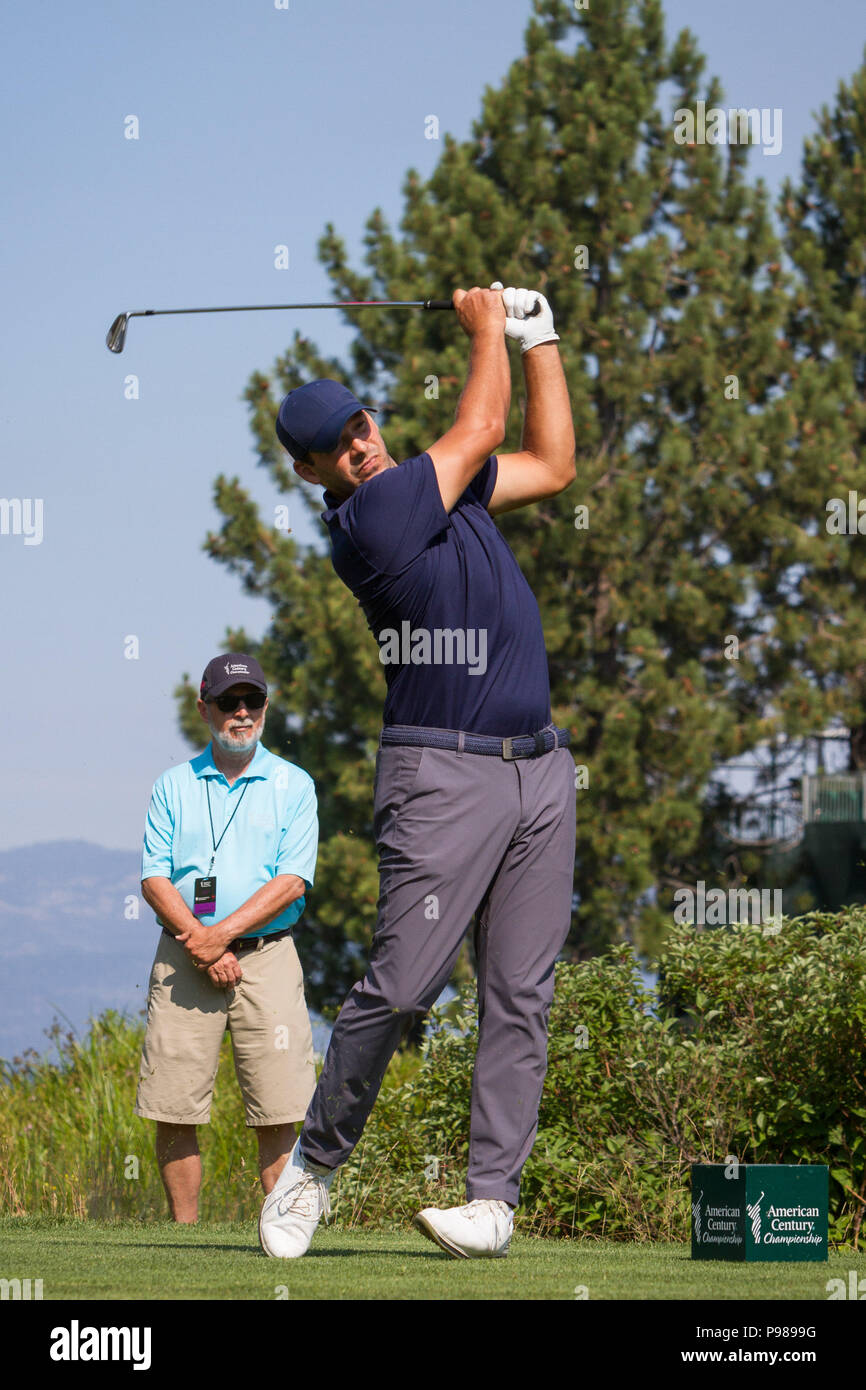 Stateline, Nevada, USA. 15th July, 2018. Former Dallas Cowboys quarterback, TONY ROMO, tees off at the 29th annual American Century Championship at the Edgewood Tahoe Golf Course at Lake Tahoe, Stateline, Nevada, on Sunday, July 15, 2018. Credit: Tracy Barbutes/ZUMA Wire/Alamy Live News Stock Photo