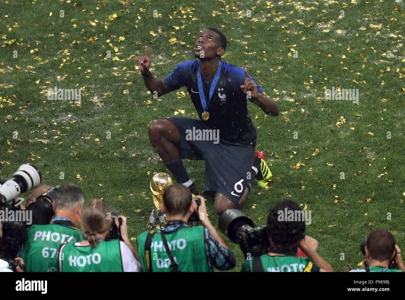 Paul Pogba with World Cup FRANCE FRANCE V CROATIA, 2018 FIFA WORLD CUP FINAL 15 July 2018 GBC9715 France v Croatia 2018 FIFA World Cup Russia, Final STRICTLY EDITORIAL USE ONLY