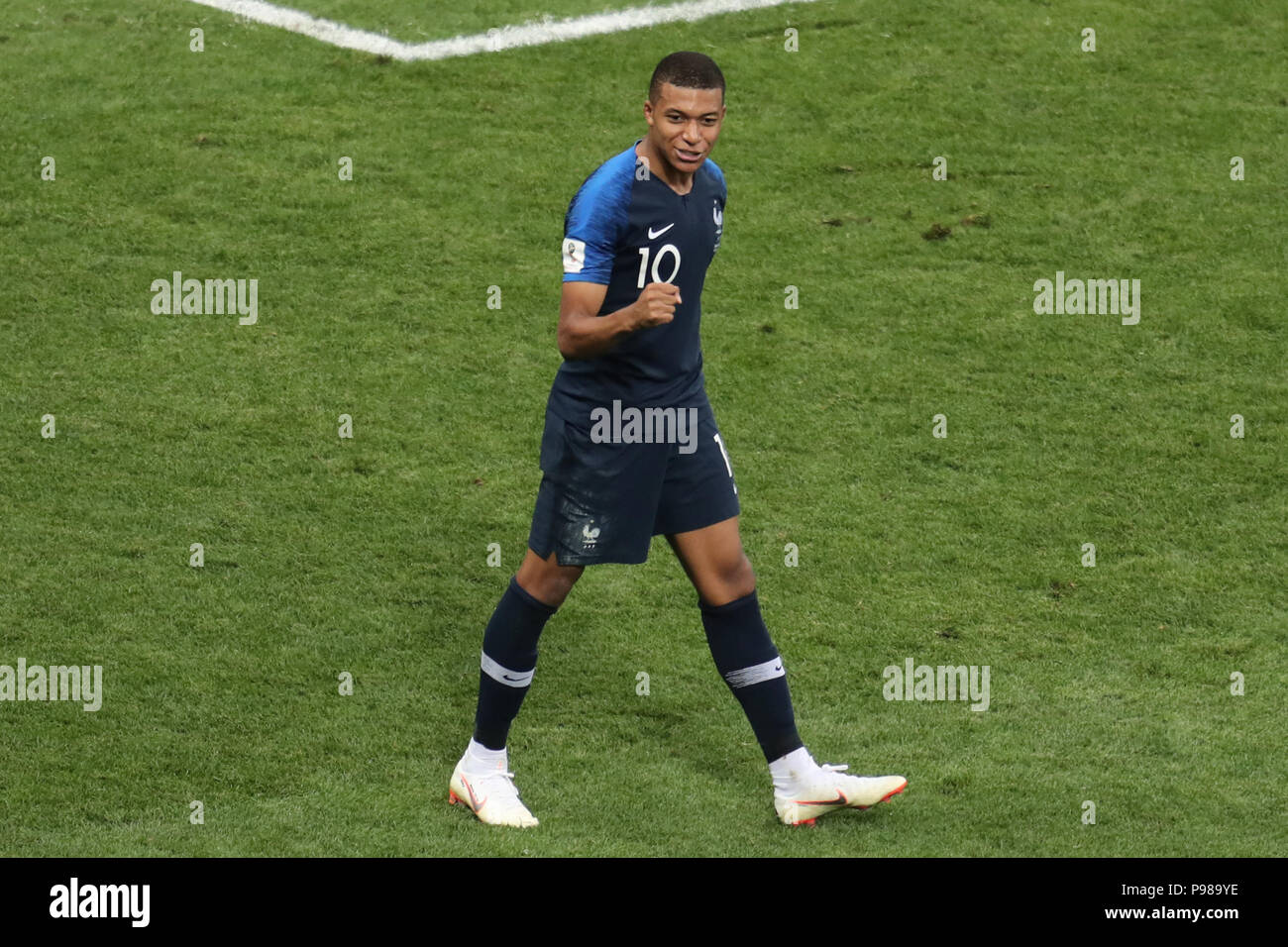 Kylian Mbappe celebrates FRANCE V CROATIA FRANCE V CROATIA, 2018 FIFA WORLD CUP FINAL 15 July 2018 GBC9736 2018 FIFA World Cup Russia, Final STRICTLY EDITORIAL USE ONLY. If The Player/Players Depicted In This Image Is/Are Playing For An English Club Or The England National Team. Then This Image May Only Be Used For Editorial Purposes. No Commercial Use. The Following Usages Are Also Restricted EVEN IF IN AN EDITORIAL CONTEXT: Use in conjuction with, or part of, any unauthorized audio, video, data, fixture lists, club/league logos, Betting, Games or any 'live' services. Als Stock Photo