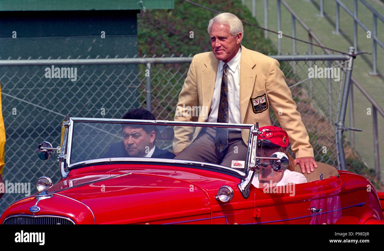 September 19, 1993 - San Francisco, California, U.S - San Francisco 49ers vs. Atlanta Falcons at Candlestick Park Sunday, September 19,1993.  49ers beat Falcons 37-30.  Halftime ceremonies celebrate former head coach Bill Walsh induction to the Football Hall of Fame.  Eddie Debartolo siting in car with Walsh. (Credit Image: © Al Golub via ZUMA Wire) Stock Photo