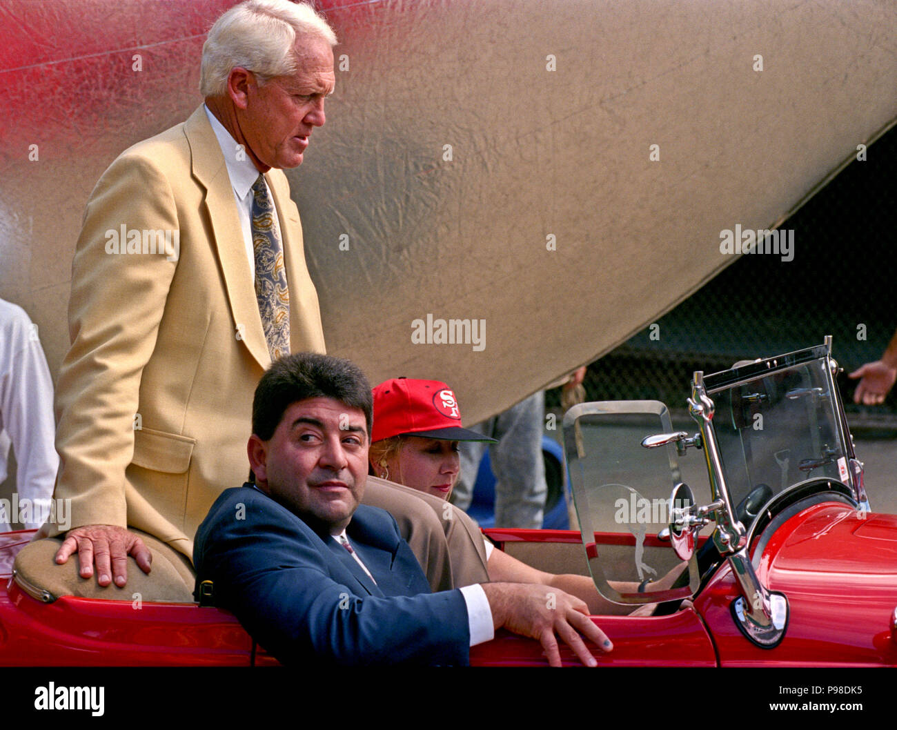 September 19, 1993 - San Francisco, California, U.S - San Francisco 49ers vs. Atlanta Falcons at Candlestick Park Sunday, September 19,1993.  49ers beat Falcons 37-30.   Halftime ceremonies celebrate former head coach Bill Walsh induction to the Football Hall of Fame.  Eddie Debartolo siting in car with Walsh. (Credit Image: © Al Golub via ZUMA Wire) Stock Photo