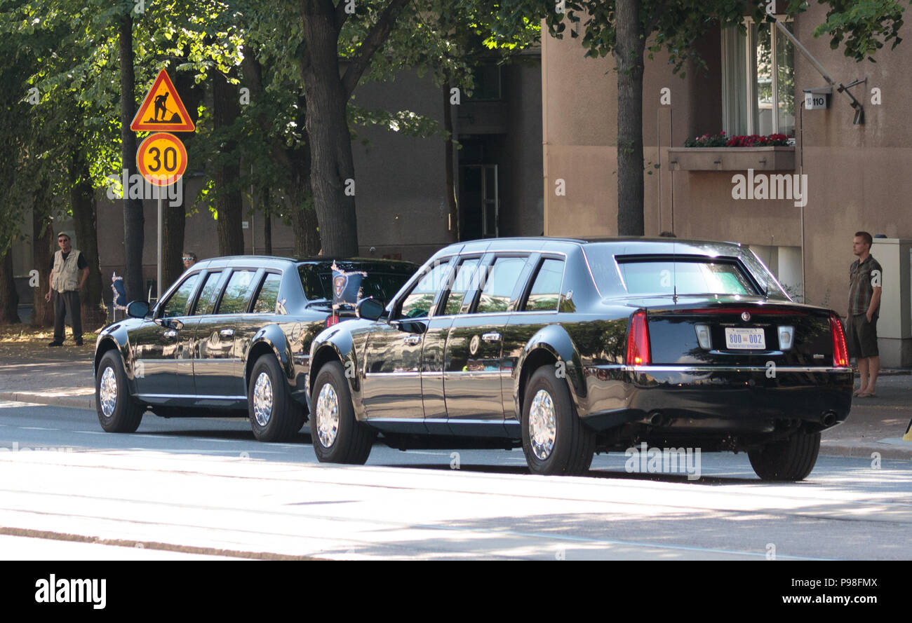 Helsinki, Finland. 16th July 2018. Identical twins of the Presidential limousine 'The Beast' Credit: Hannu Mononen/Alamy Live News Stock Photo