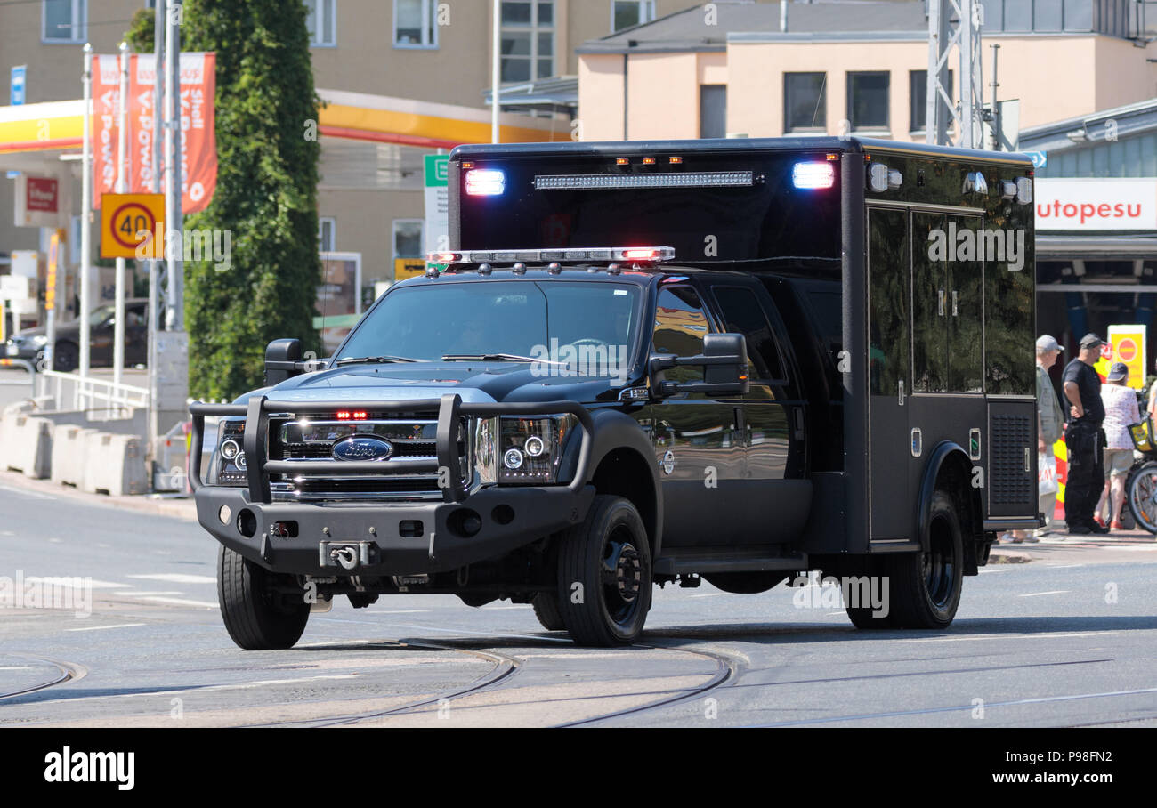 Helsinki, Finland. 16th July 2018. Special ambulance in the United States delegation motorcade Credit: Hannu Mononen/Alamy Live News Stock Photo