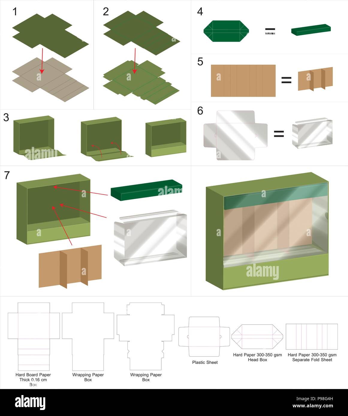 rigid box with plastic window mockup with dieline Stock Vector