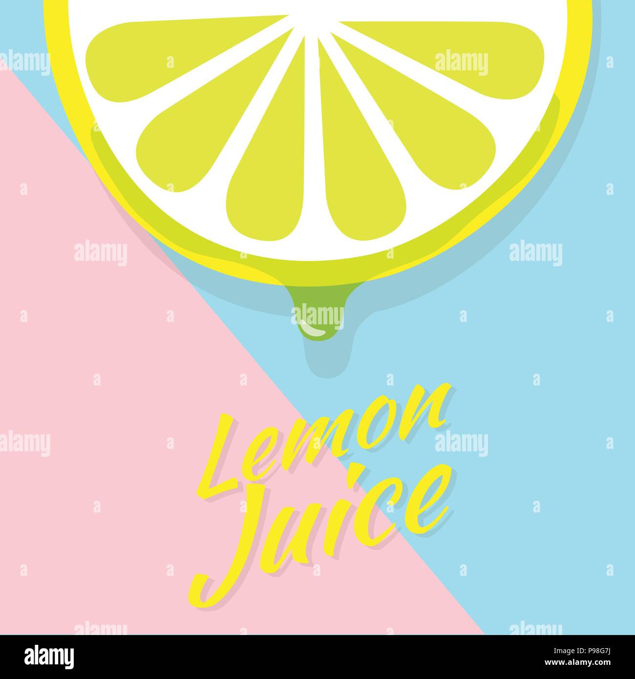 piece of half lemon slice, juicy slice of fruit with drops of lemon juice vector icon illustration on pink and blue background. fresh lemon sour vecto Stock Vector