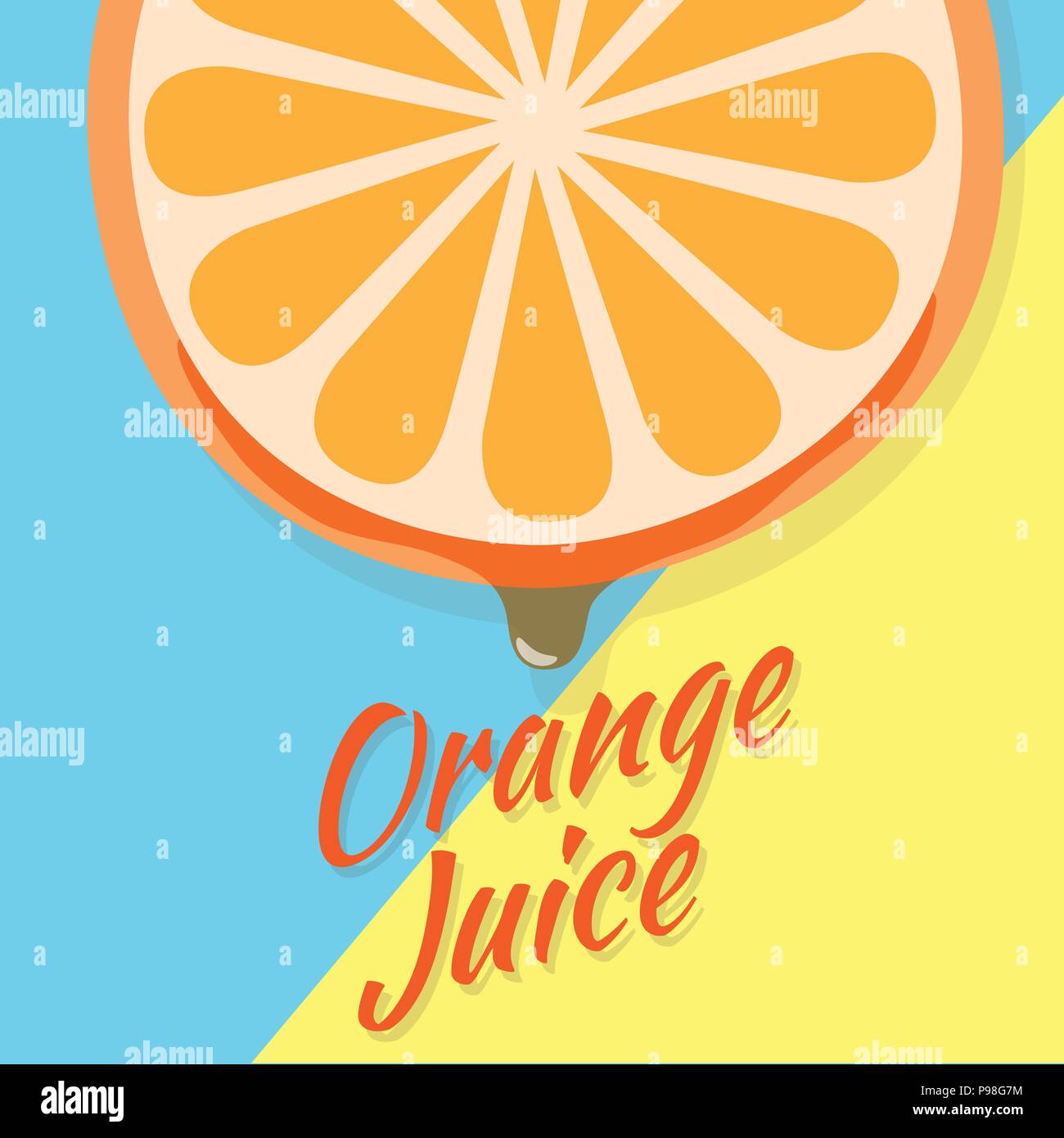 piece of half orange slice, juicy slice of fruit with drops of orange juice vector icon illustration on yellow and blue background. fresh orange vecto Stock Vector