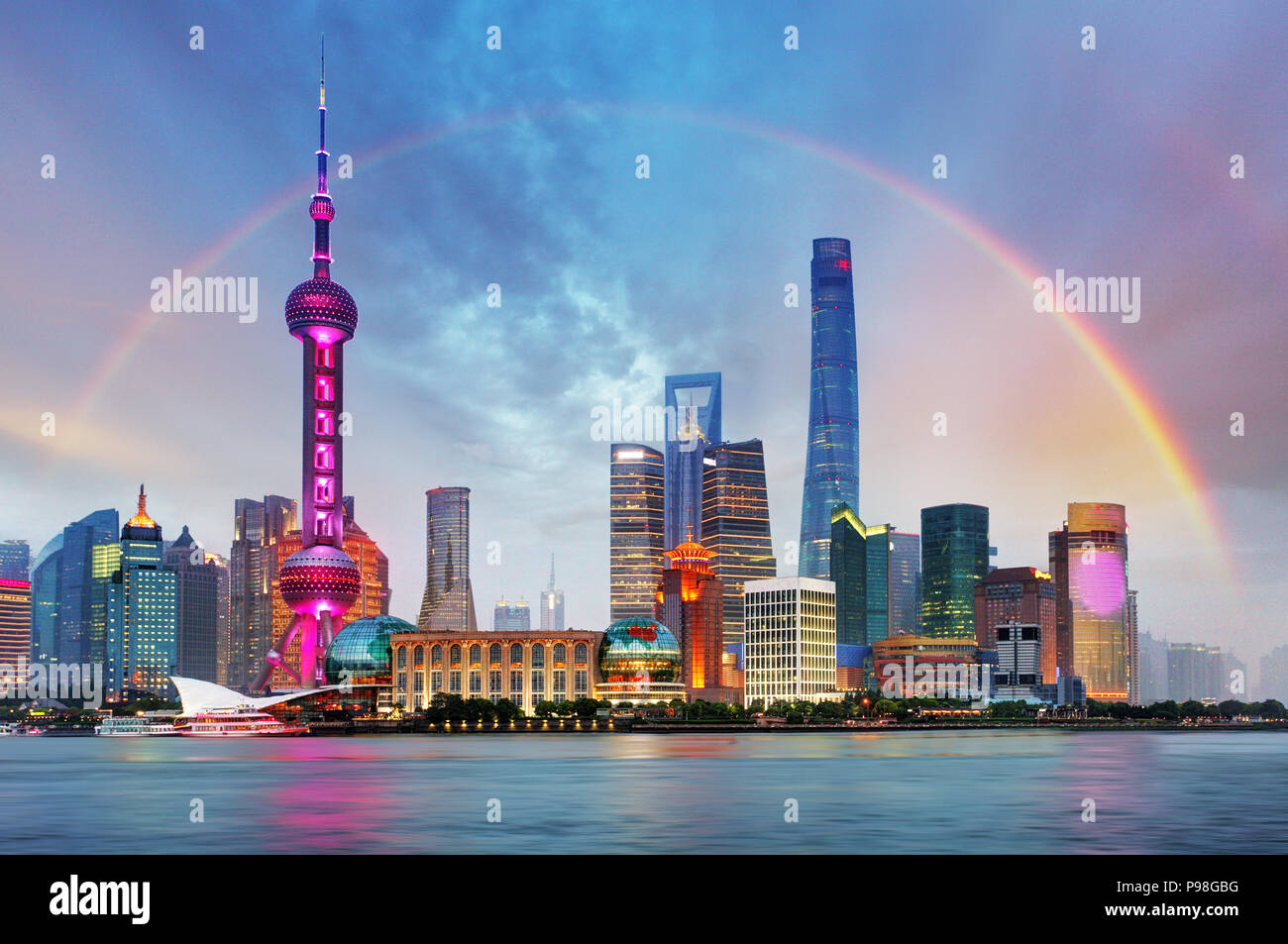 Rainbow over Shanghai, China Stock Photo