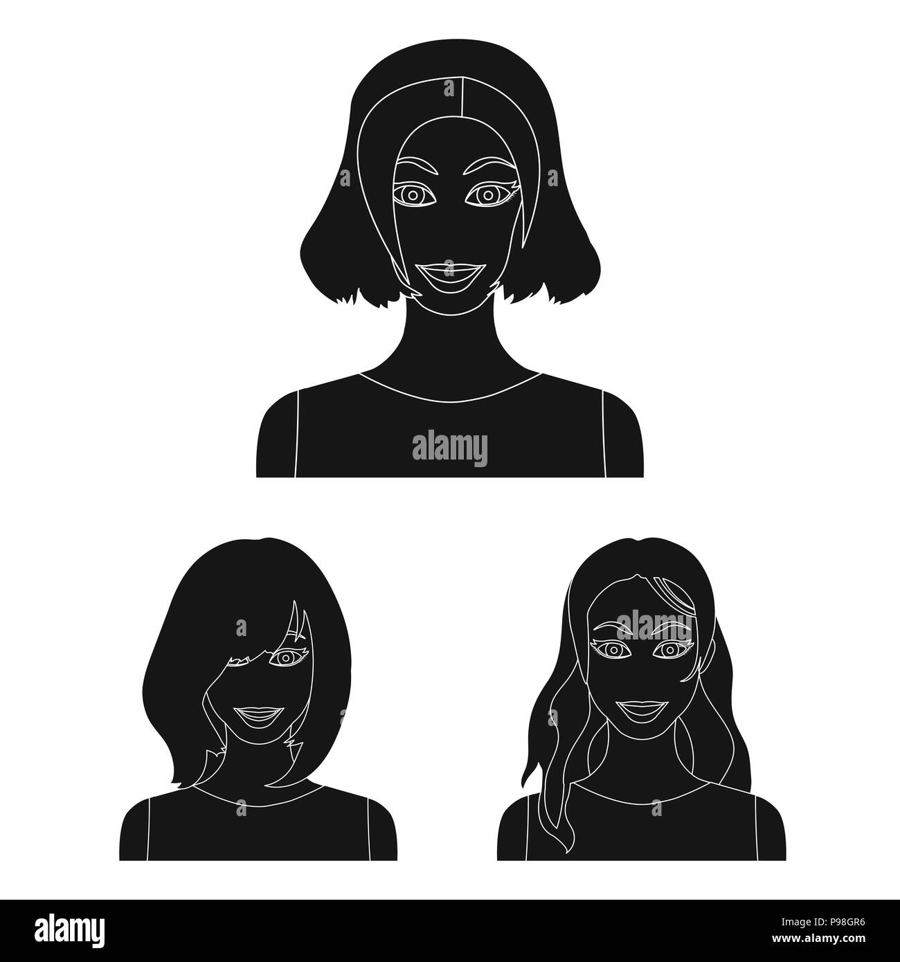 Types of female hairstyles black icons in set collection for design ...
