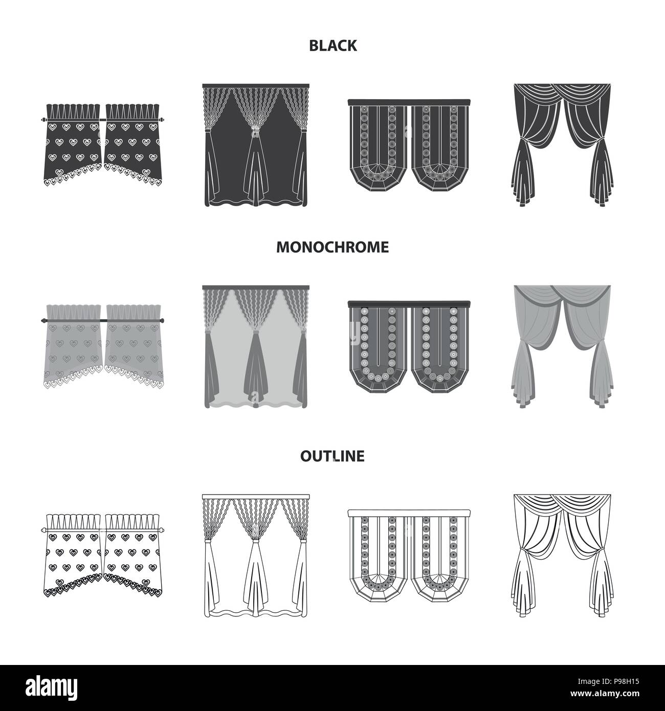 Curtains, stick, cornices, and other  icon in black,monochrome,outline style.Bow, fabric tulle icons in set collection Stock Vector