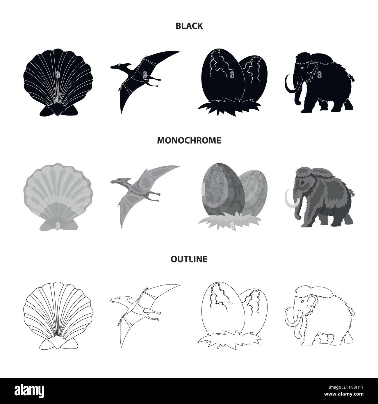 Prehistoric shell, dinosaur eggs,pterodactyl, mammoth. Dinosaur and  prehistoric period set collection icons in black,monochrome,outline style  vector s Stock Vector Image & Art - Alamy