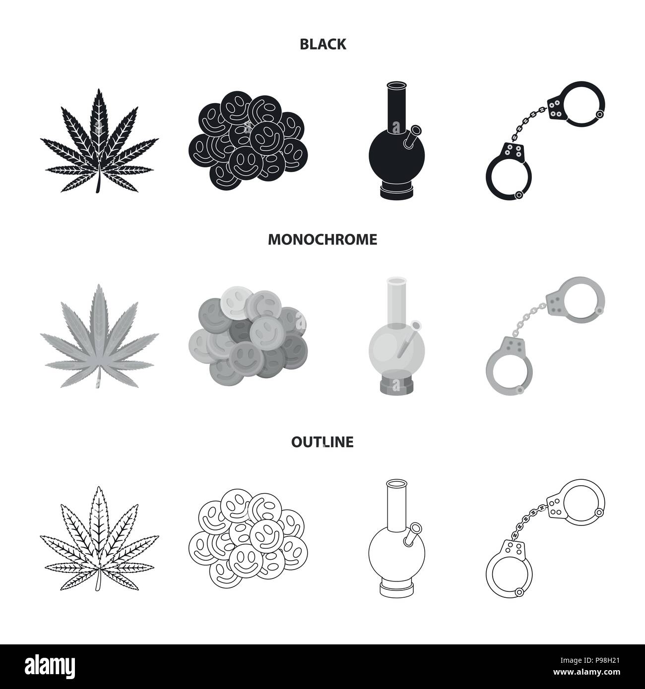 Hemp leaf, ecstasy pill, handcuffs, bong.Drug set collection icons in  black,monochrome,outline style vector symbol stock illustration Stock  Vector Image & Art - Alamy