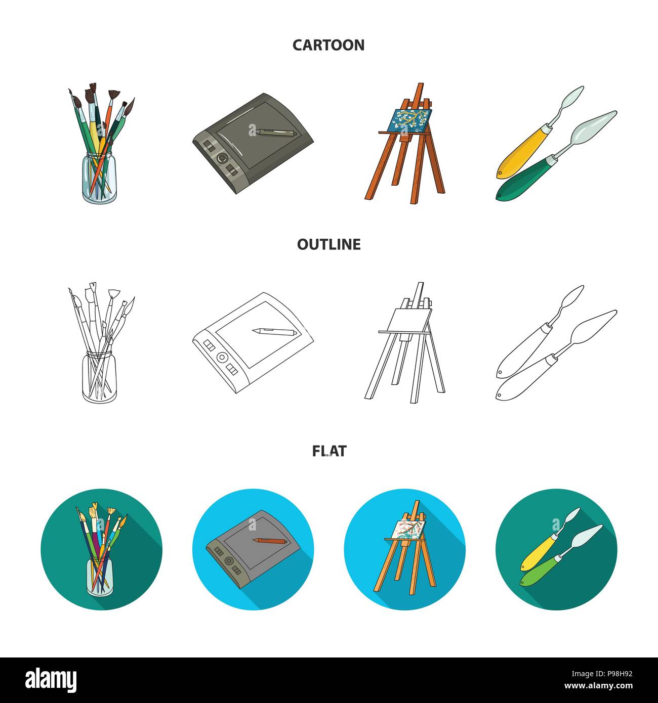 Bank with brushes, a drawing board, an easel with a canvas, paint  knives.Artist and drawing set collection icons in cartoon,outline,flat  style vector Stock Vector Image & Art - Alamy