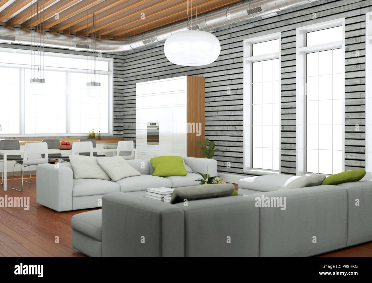 Modern bright living room interior design with sofas and wooden wall ...