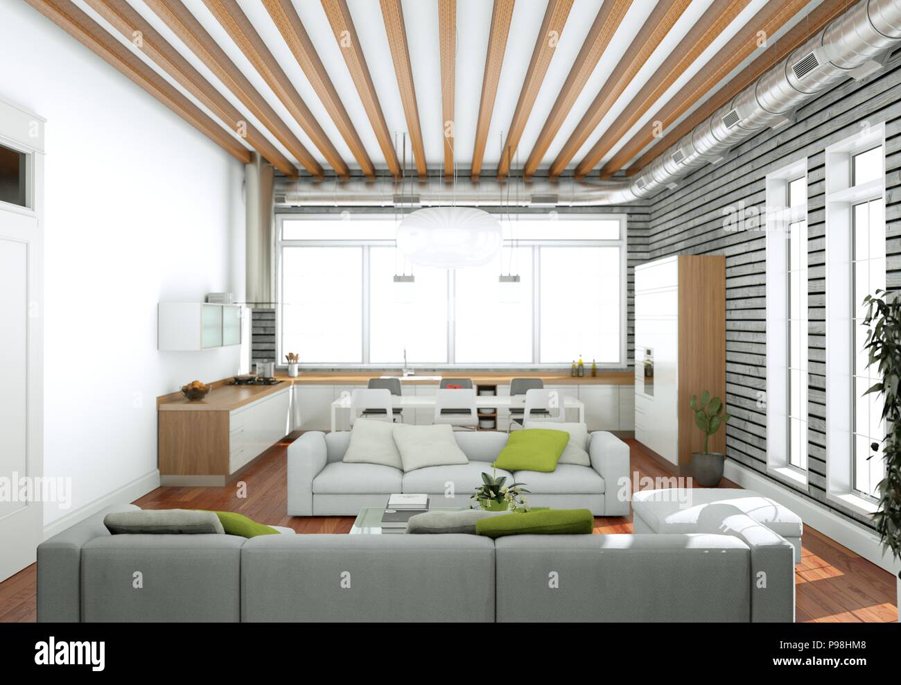 Modern bright living room interior design with sofas and wooden wall ...