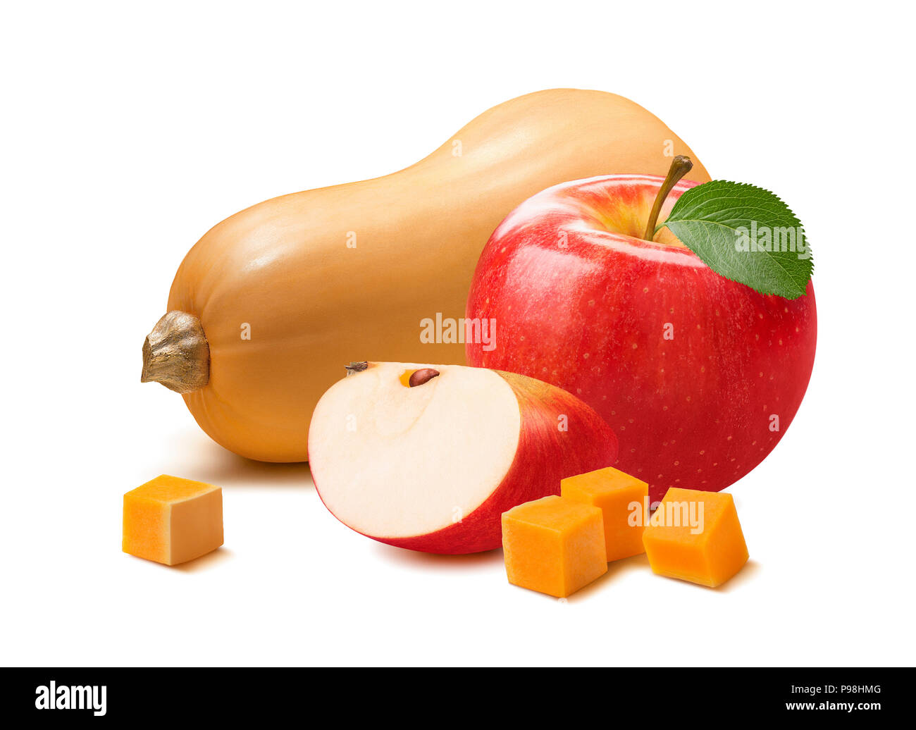 Butternut and red apple isolated on white background. With clipping path for package design Stock Photo